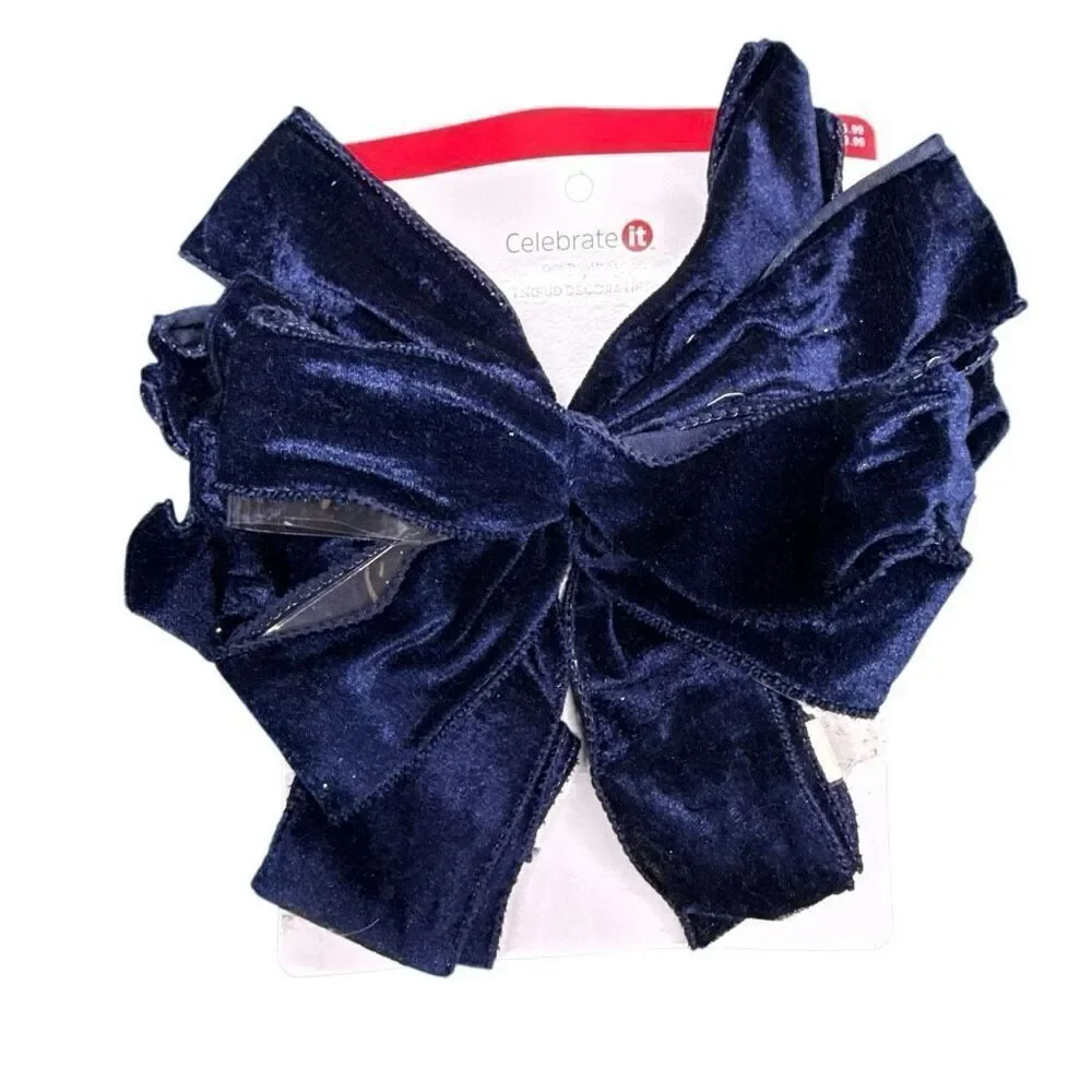 Set of 4 Celebrate It Navy Blue Velvet Bow Holiday Christmas Tree Topper NWOT